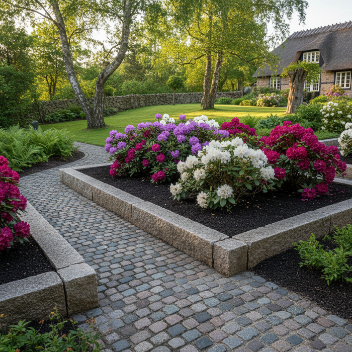 Flot have med rhododendronbed og brostenssti. Surbundsjord er vigtig for rhododendron.