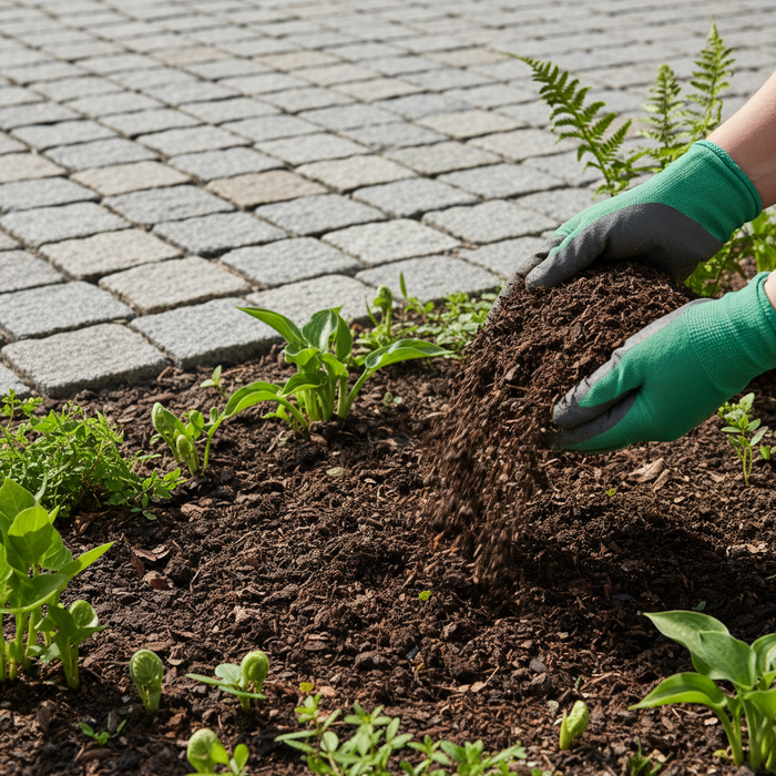Hænder med handsker spreder Champost i et blomsterbed.