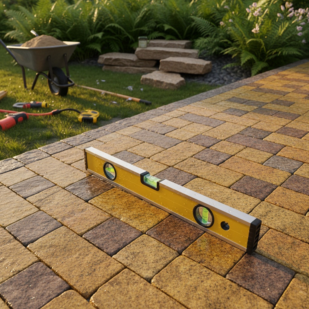 Vaterpas på ny terrasse. Guide til korrekt fald og belægning.