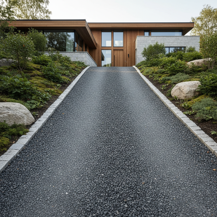 Stejl indkørsel med grus op til moderne hus.