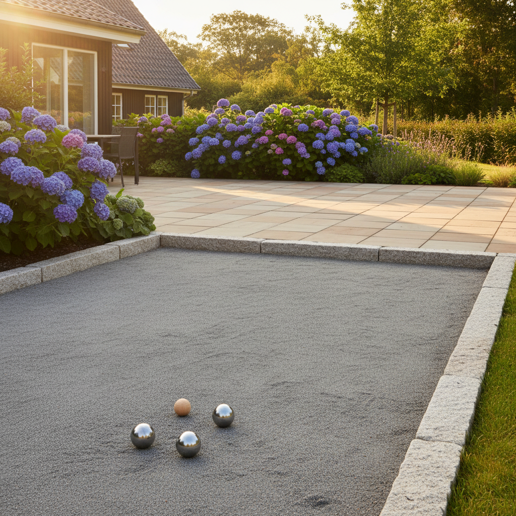 Petanquebane i haven med kugler og smuk beplantning.