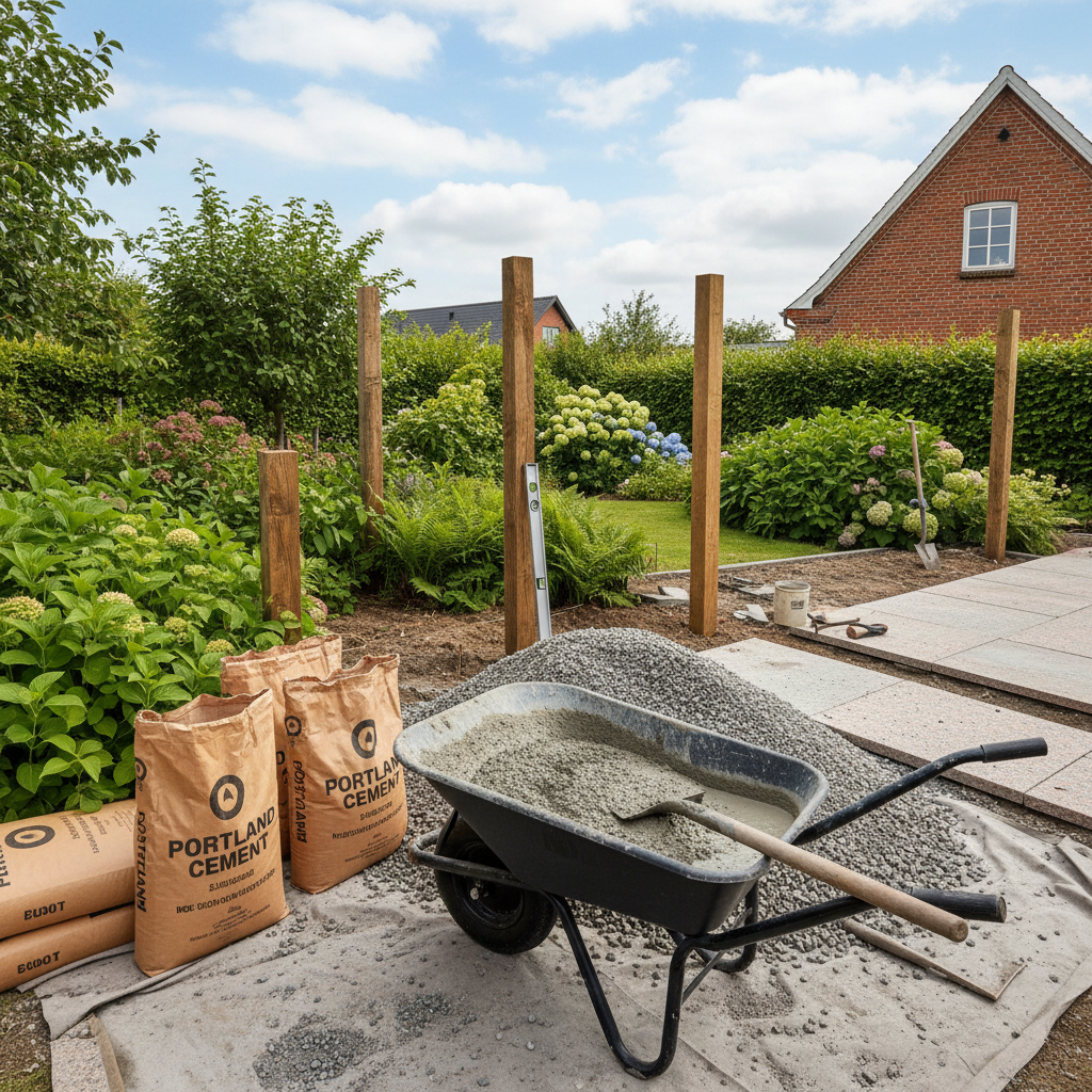 Have med cement, grus og trillebør klar til støbning af fundament til stolper.