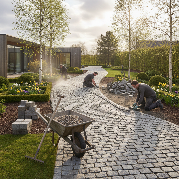 Anlægsgartnere lægger belægning i en smuk have.