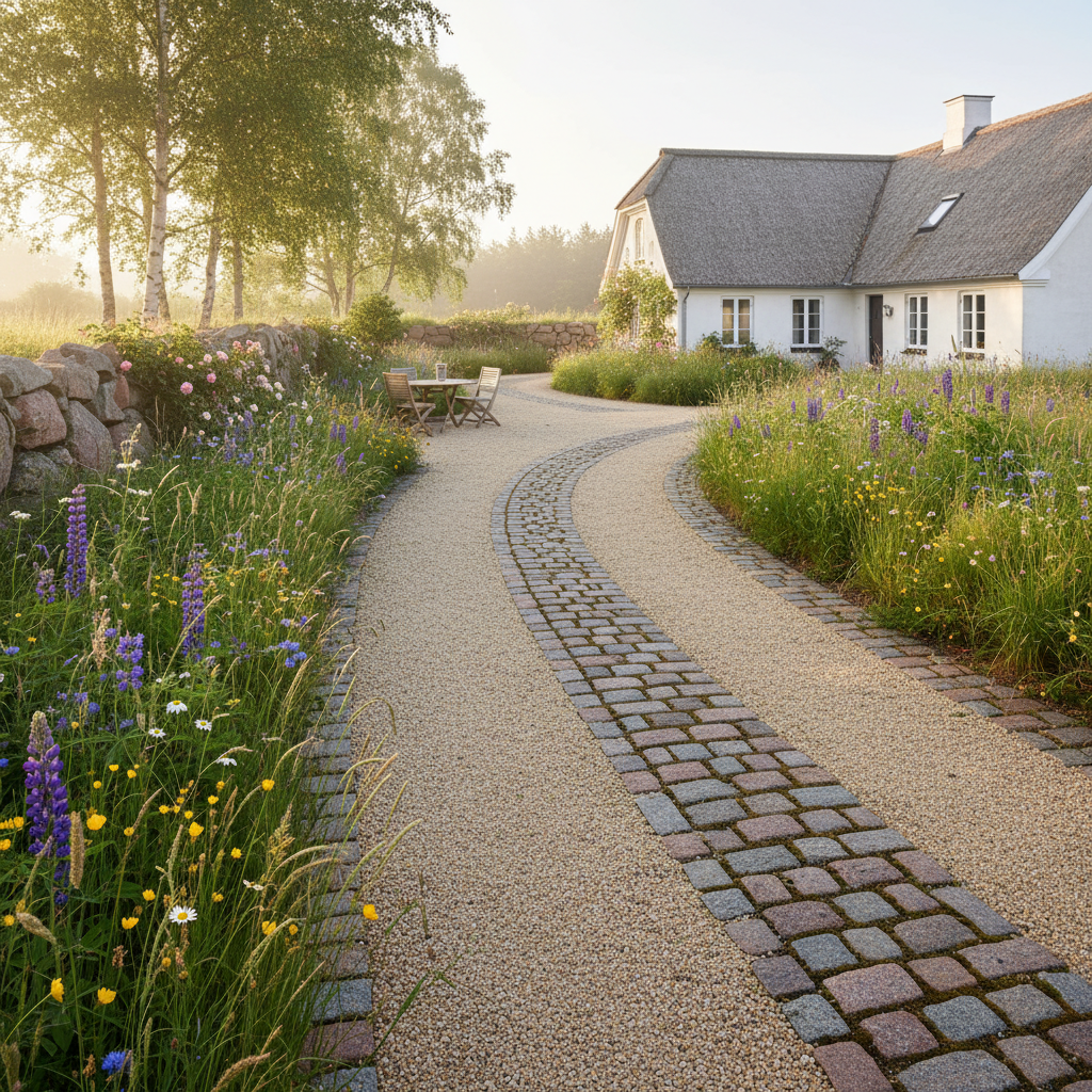 Grusvej med brosten til sommerhus. Vilde blomster langs vejen.
