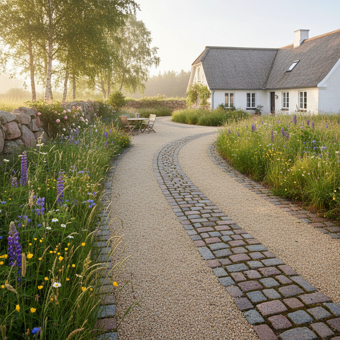 Grusvej med brosten til sommerhus. Vilde blomster langs vejen.