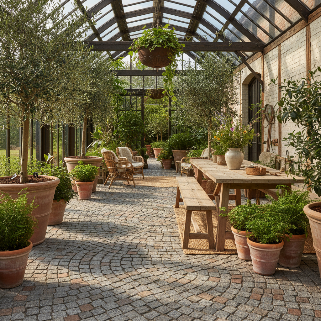 Orangeri med gulv af natursten, rustikt bord og mange planter i potter.