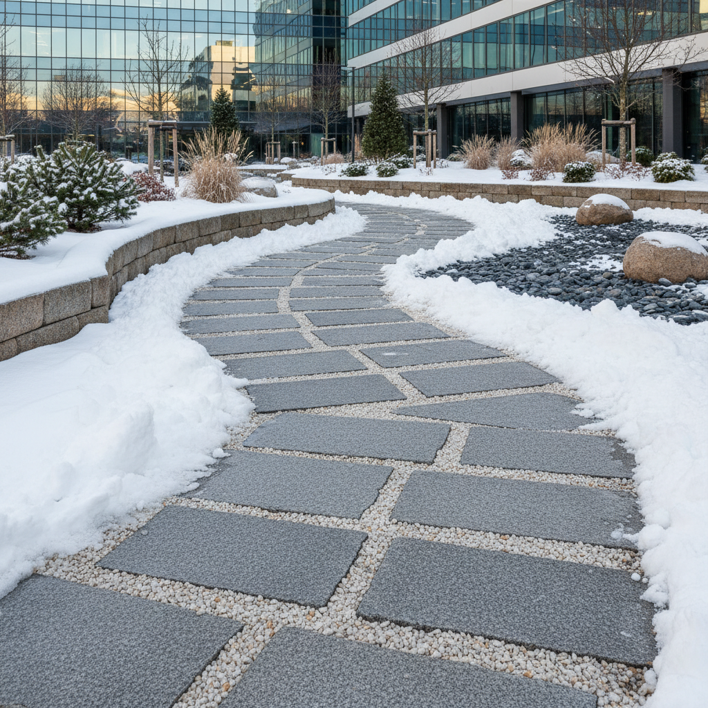 Snebelagt sti af fliser foran moderne bygning. Glatførebekæmpelse er vigtig.