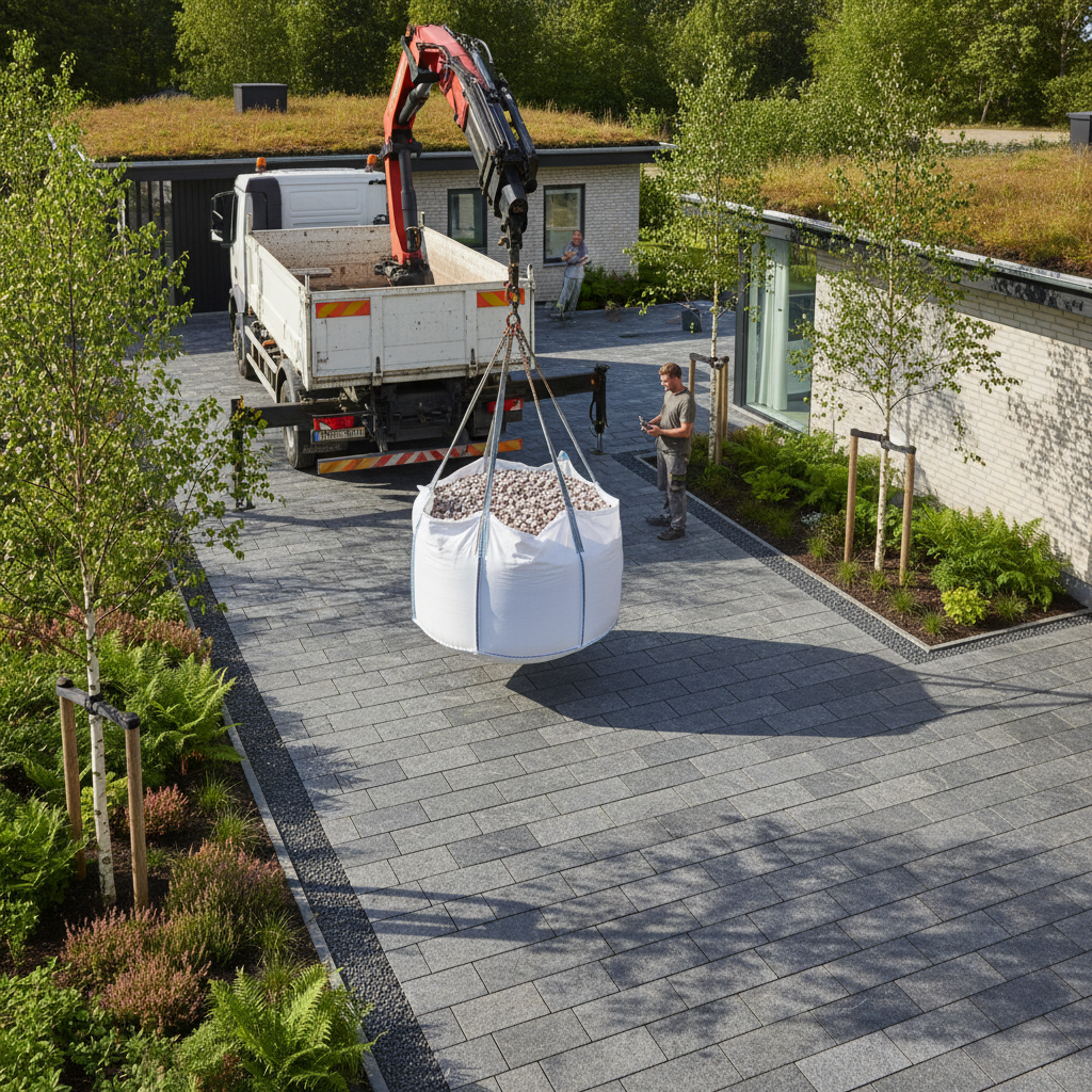 Levering af stor pose sten med kranvogn til Drømmehave-projekt.