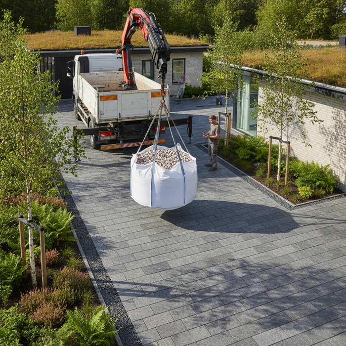 Levering af stor pose sten med kranvogn til Drømmehave-projekt.