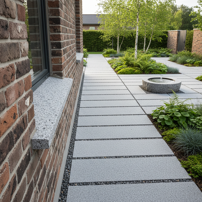 Granitbelægning i have med specialmål. Elegant og skræddersyet stenløsning med vandkunst og grønne planter.