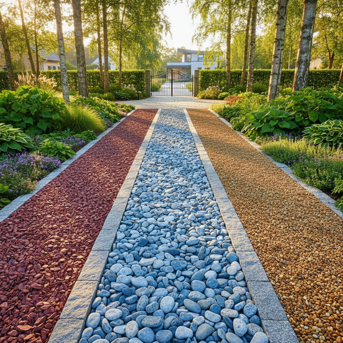 Havegang med rød, gul og blå granitskærver.