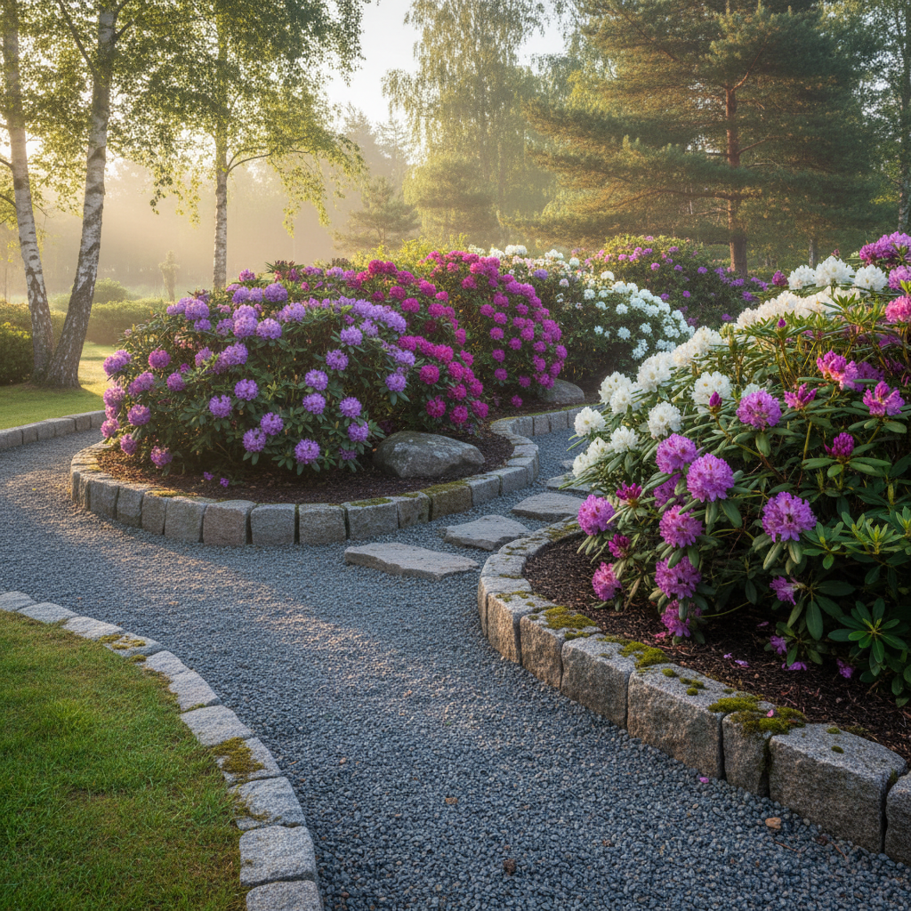 Blomstrende rhododendronbed med sti i smuk have.