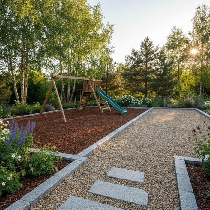 Legeplads med barkflis under gyngestativ og sand på resten af arealet.
