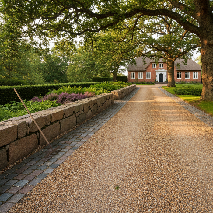 Gårdsplads med perlesten og klassisk herregårdsstil. Mur, beplantning og stort hus i baggrunden.