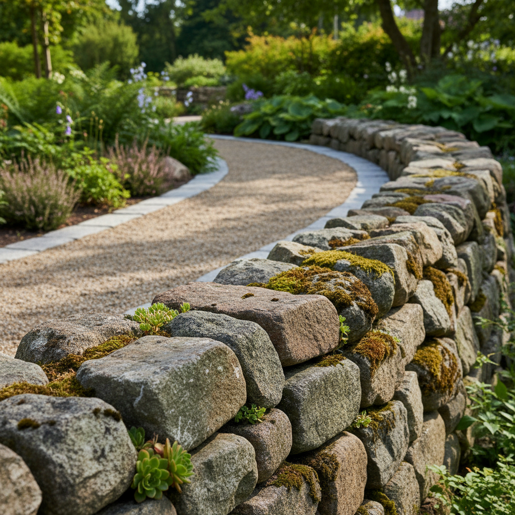 Stendige med mos og planter langs grussti i frodig have.