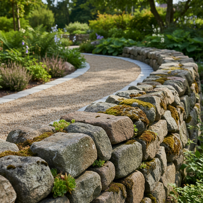 Stendige med mos og planter langs grussti i frodig have.