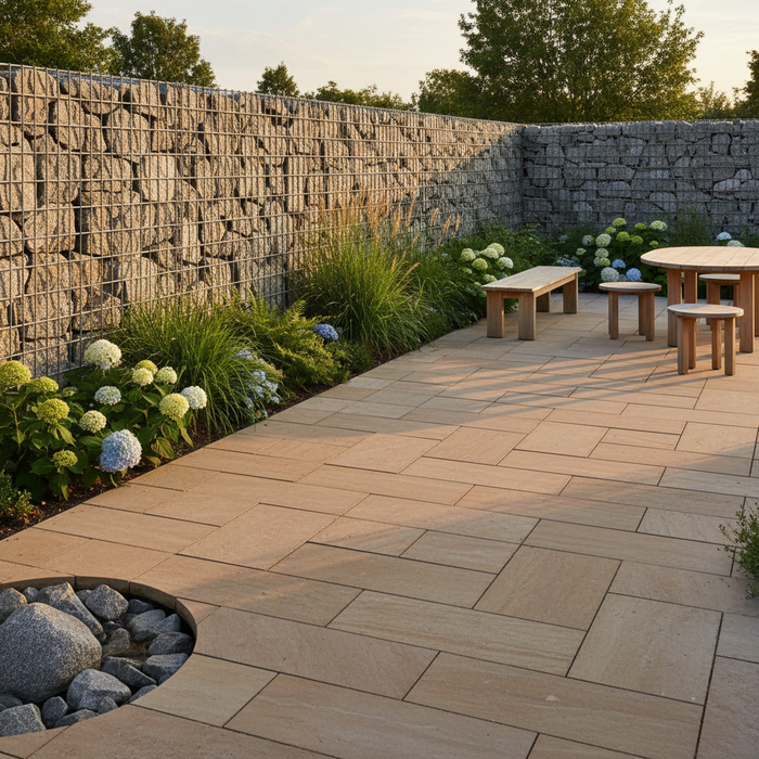 Gabionhegn i have med stenbelægning, blomster og træmøbler.