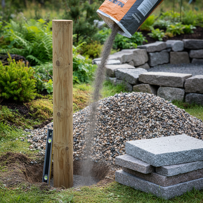 Støbning af stolpe: Stolpe i hul med vaterpas. Beton hældes i hullet.