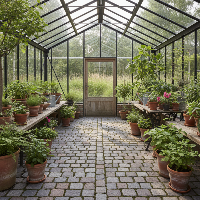 Drivhus med stenbelægning, trædør og planter i potter på hylder.