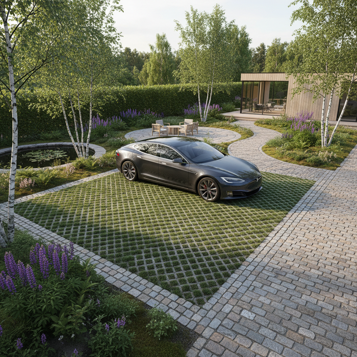 Bil parkeret på græsarmering i smuk have. Grøn løsning til ekstra parkeringspladser.