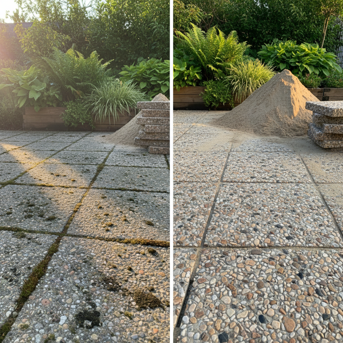 Før og efter: Renoveret terrasse med vendte havefliser. Sand og rene fliser.