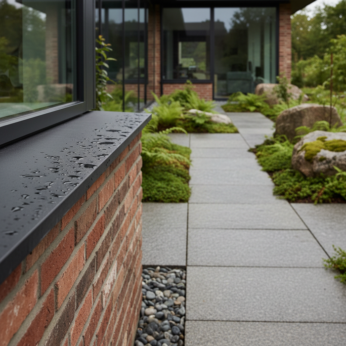 Nærbillede af sålbænk på murstenshus med regndråber og flisebelagt sti i baggrunden.