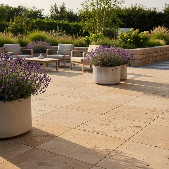 Kalkstensterrasse med møbler og lavendel i krukker. Bløde farver og naturlig stemning.