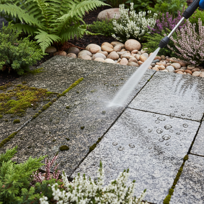 Højtryksrenser fjerner mos fra fliser. Vanddråber viser imprægnering.