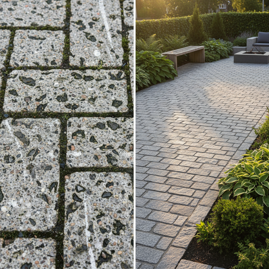 Fliser før og efter højtryksrensning. Undgå højtryksrenser, det skader fliserne.