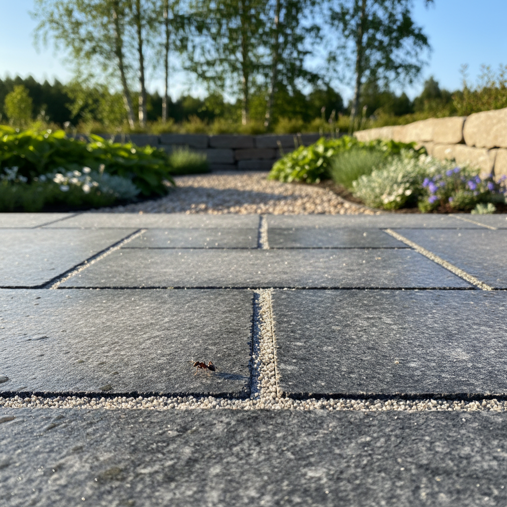 Myre på flisebelægning med sand i fugerne. Baggrund med have og beplantning.