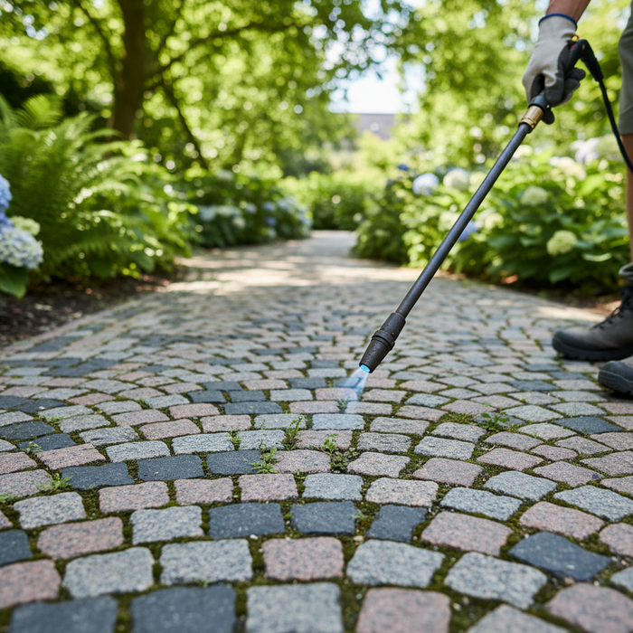 Ukrudtsbrænder i brug på flisebelægning.