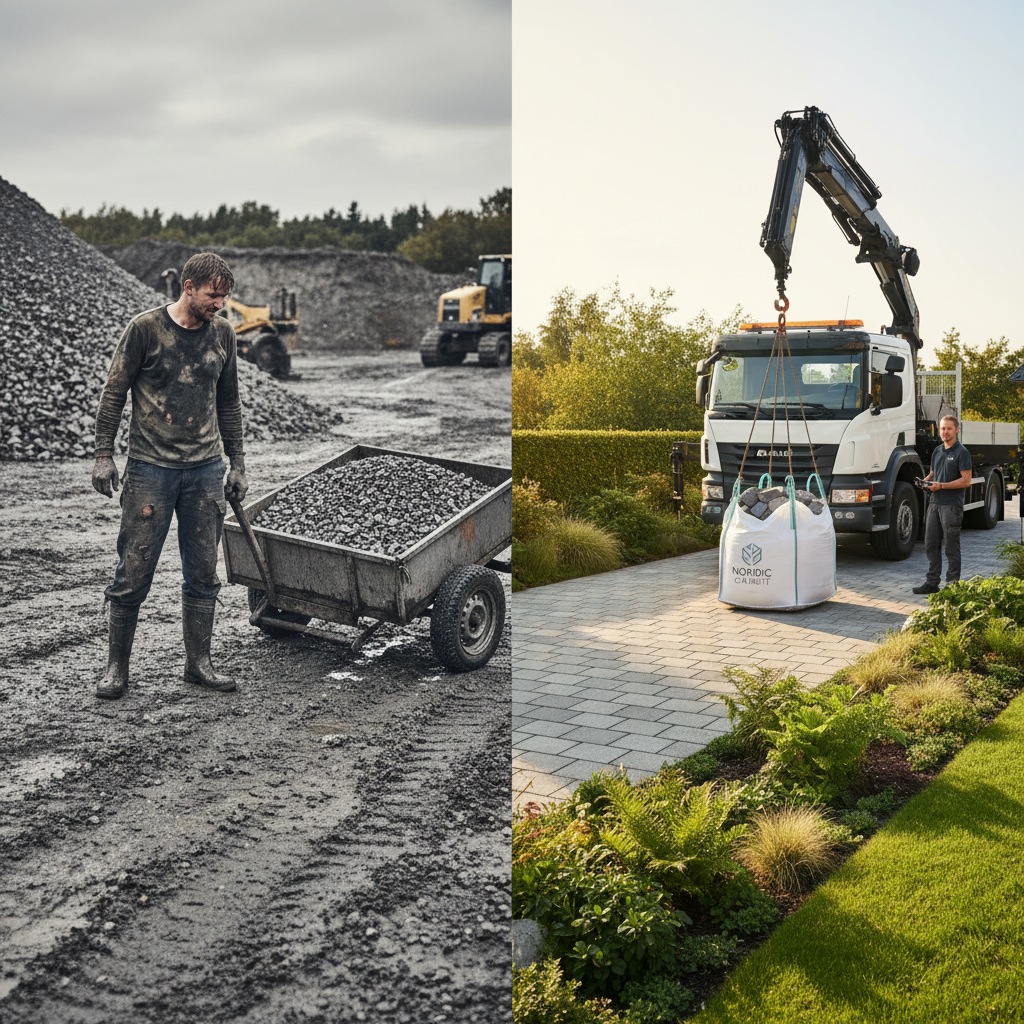 Side-om-side: Grusgrav vs. levering af bigbag med kran til smuk have.