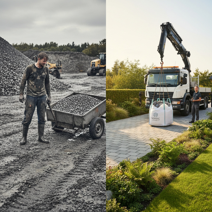 Side-om-side: Grusgrav vs. levering af bigbag med kran til smuk have.