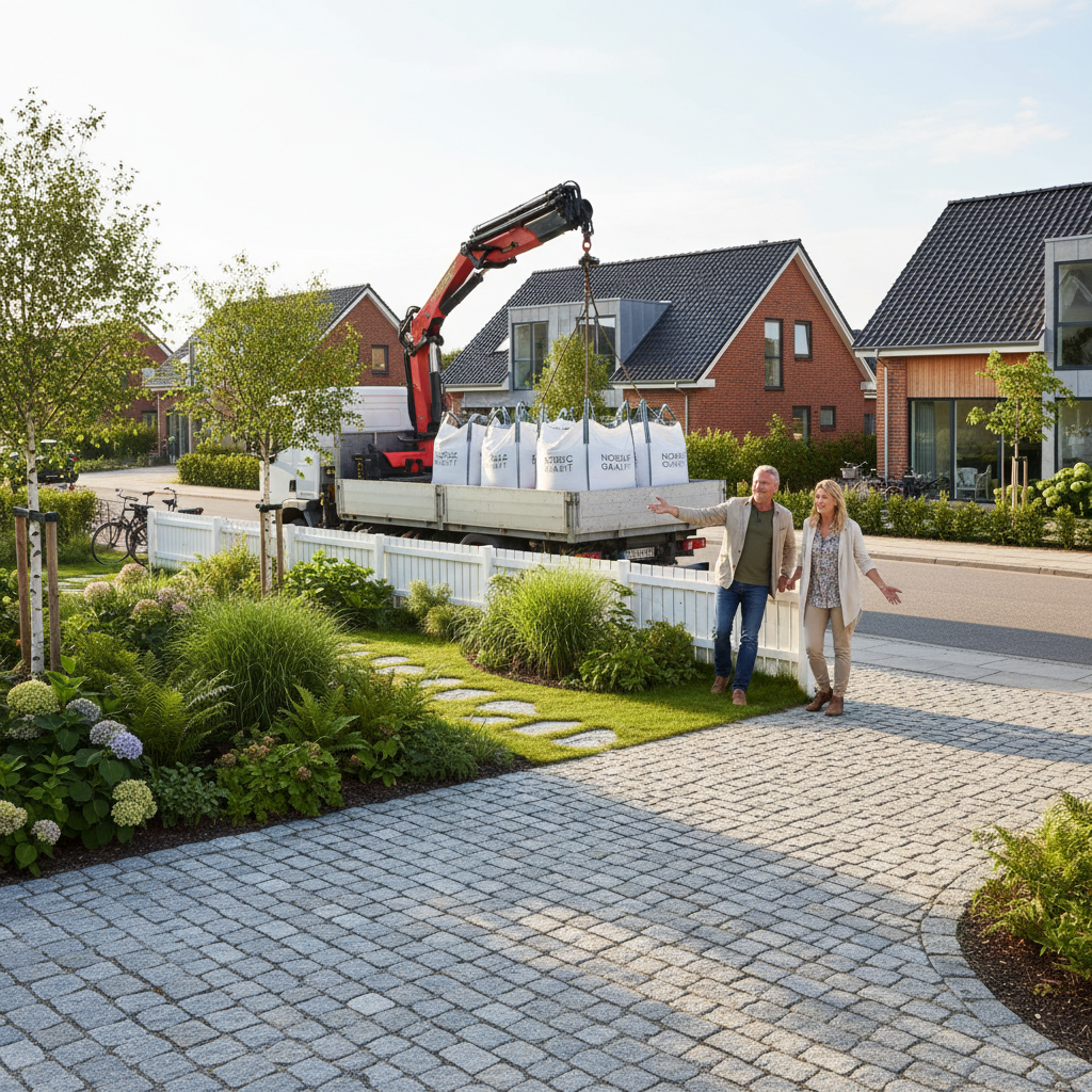 Levering af grus: Par ved lastbil med grus, klar til haveprojekt.