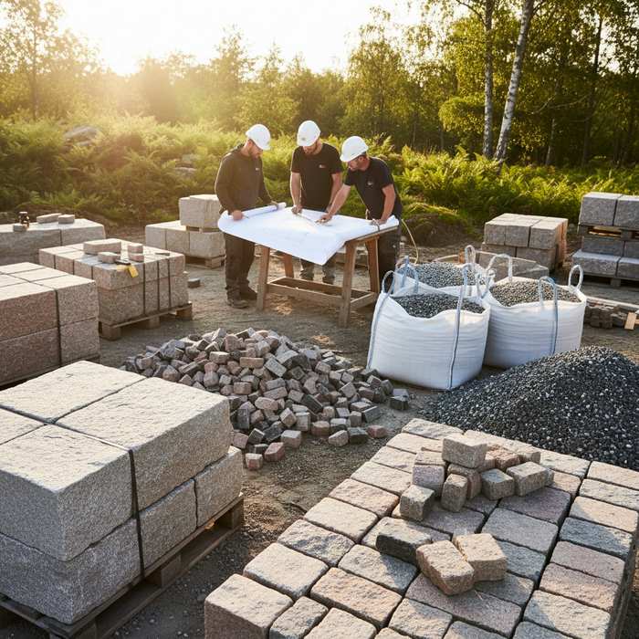 Tre mænd med hjelme studerer en plan blandt belægningssten og grus.