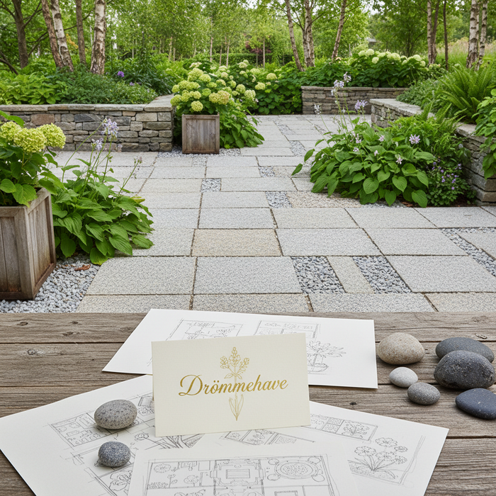 Gavekort "Drømmehave" på bord med haveplaner, med en smuk have i baggrunden.