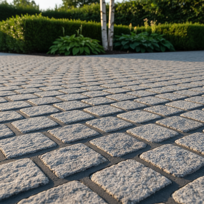 Ukrudtsfri indkørsel med fast fuge mellem grå belægningssten.