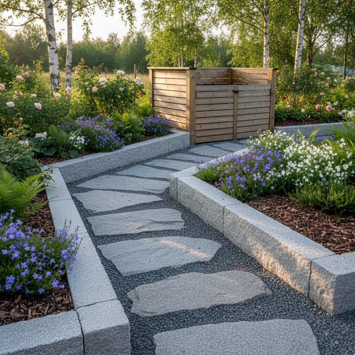 Kompostbeholder i smuk have med blomsterbede og flisegang.