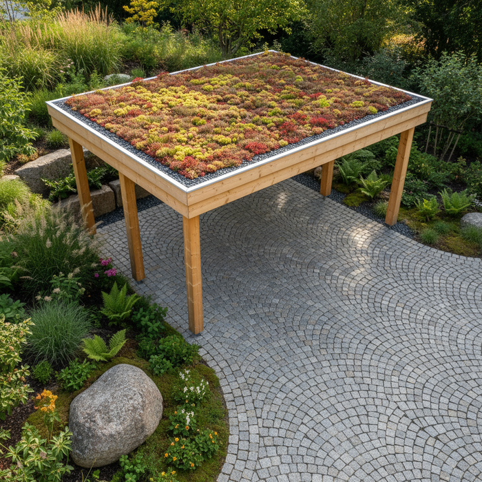 Sedumtag på carport set fra oven. Grønne, gule og røde sedumplanter.