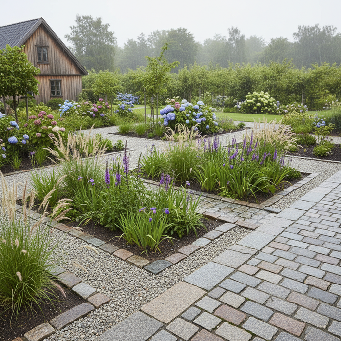 Regnvandsbed med sten, planter og fliser i smukt haveanlæg.