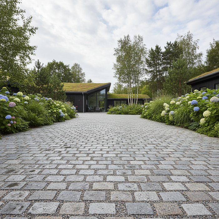 Indkørsel med vandgennemtrængelig belægning af brosten foran moderne hus med grønt tag.