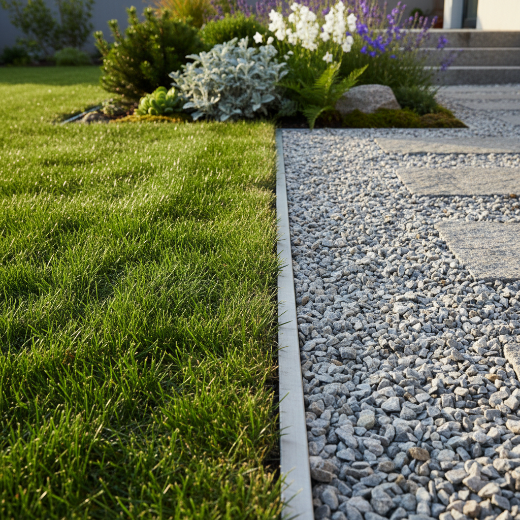 Græsplæne og grussti adskilt af en diskret alukant.