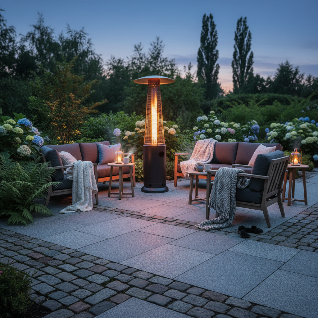 Terrasse med møbler, tæpper og tændt terrassevarmer. Hyggelig stemning i skumringen.