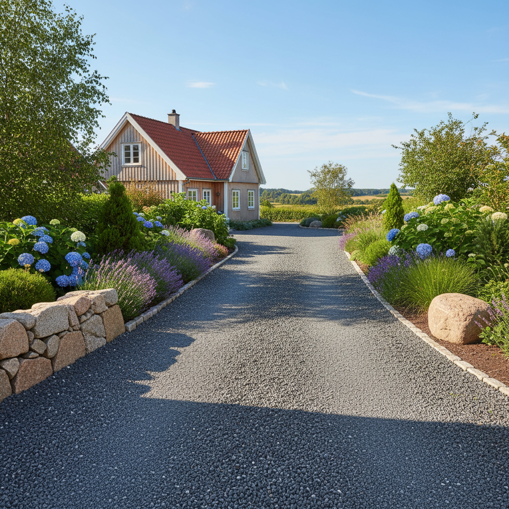 Grusvej fører til idyllisk hus med blomsterbede. Støvbinding giver en støvfri sommer.