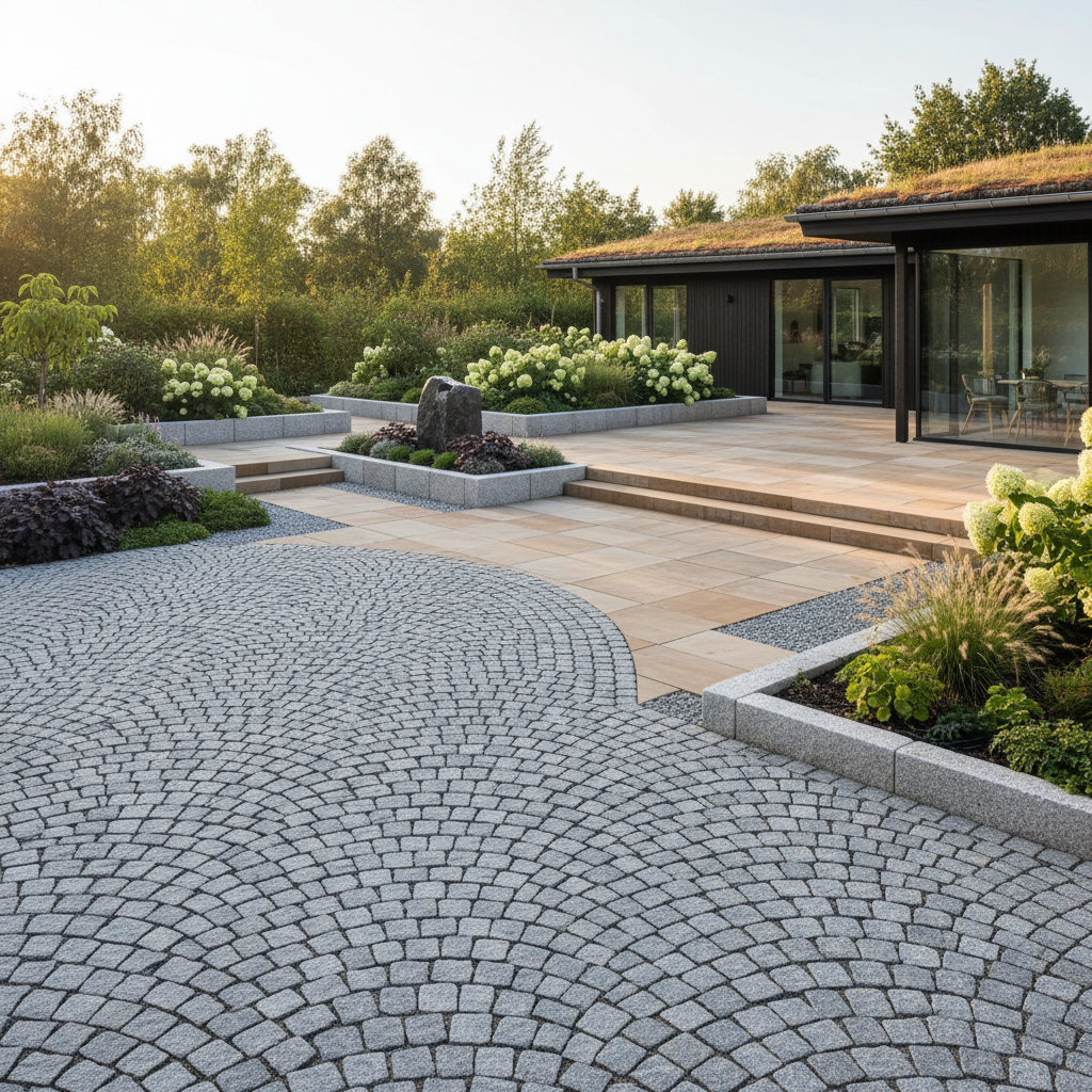 Drømmehave ved nybyggeri med belægning, bede og grønt tag.