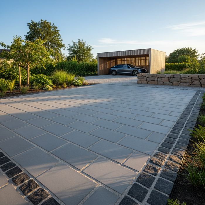 Nylagt indkørsel med grå belægningssten og sort kant. Carport med bil i baggrunden.