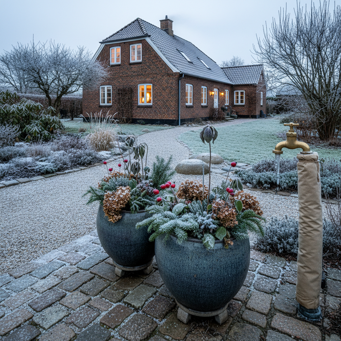 Frostklar have med krukker, vandhane og hus. Vinterforberedelse.
