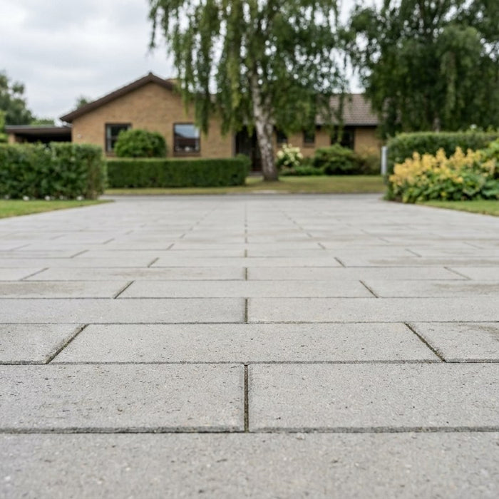 Flot og nyanlagt beton indkørsel med klassiske IBF modulfliser og stabil kantafgrænsning