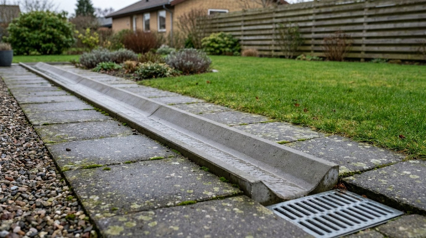 Nyanlagt indkørsel af betonfliser med en integreret IBF vandrende, der leder regnvandet væk fra husets sokkel