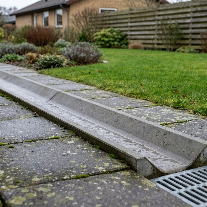 Nyanlagt indkørsel af betonfliser med en integreret IBF vandrende, der leder regnvandet væk fra husets sokkel